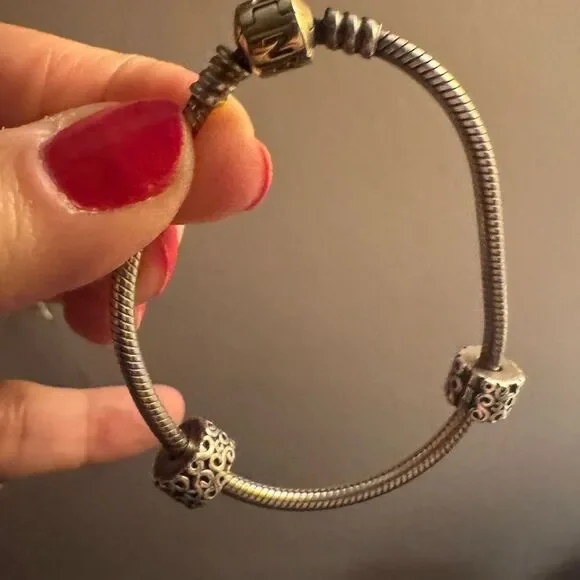 Authentic Pandora *14k* Gold and Silver Charm Bracelet -includes 2 Swirl Spacers